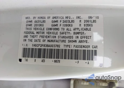 2011 Honda Accord 2.4 Ex-L from USA, damaged, VIN 1HGCP2F83BA003782